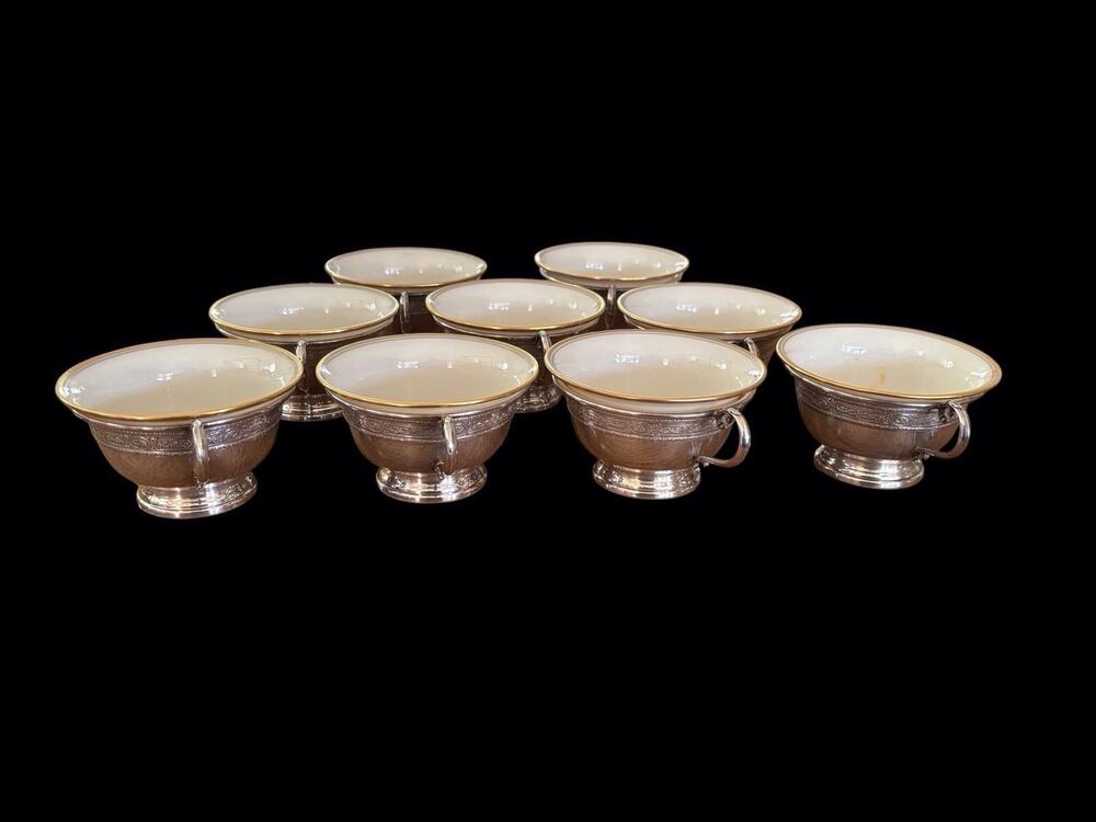 9 Sterling Silver Bouillon Cream Soup Holder Flawless Lenox Liner Inserts 459g